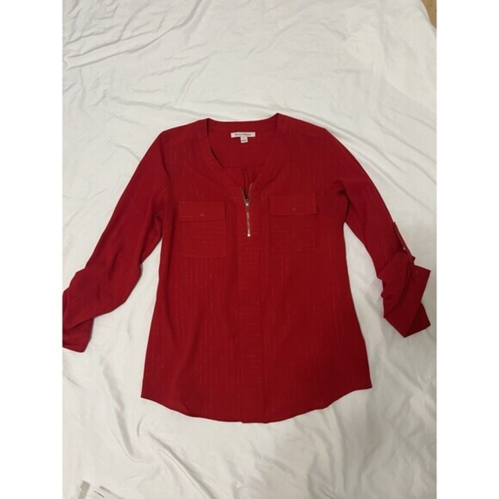 Studio Works Zipper Shirt Women Size S Red Front Pockets 3/4‎ Sleeve